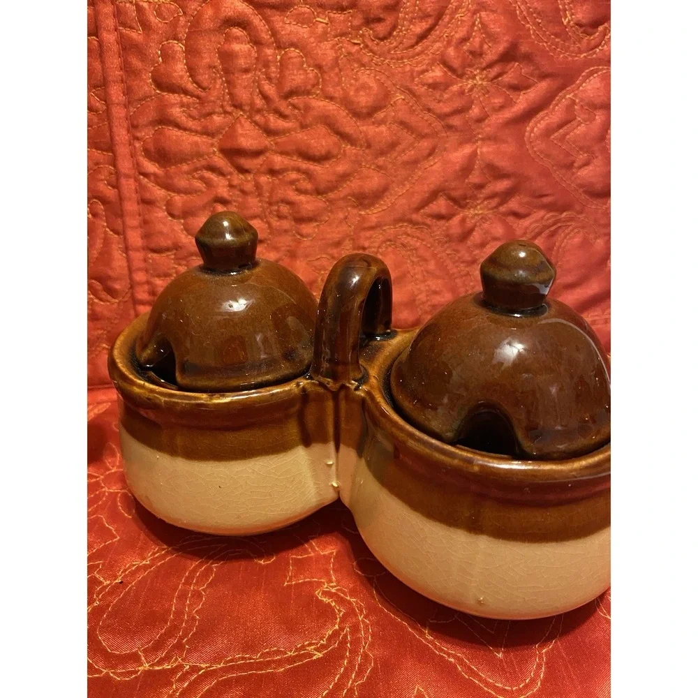 Vintage Brown Stoneware Milk Pitcher, Condiment Holder, Early‎ 20th Century